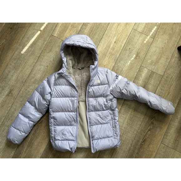 THE NORTH FACE Iridescent Purple Lilac Reversible 550 Down Coat Girls L 14/16 - Picture 1 of 4